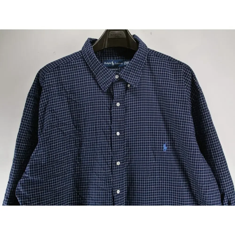 Polo Ralph Lauren Classic Fit Mens 4XLT Navy Blue Check Plaid Button Up Shirt